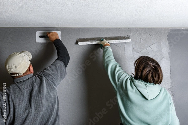 Fototapeta Workers applying and smoothing decorative pebble plaster using a putty knife and float on a wall.