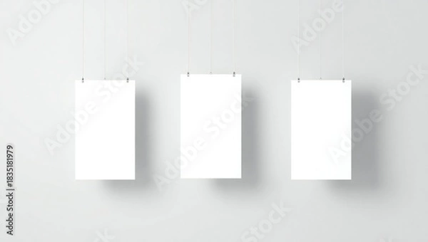 Obraz Three blank white rectangular cards hanging on a light gray background