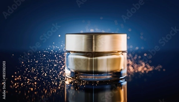 Fototapeta A glass cosmetic jar with a gold lid sits on a reflective surface with sparkling gold particles