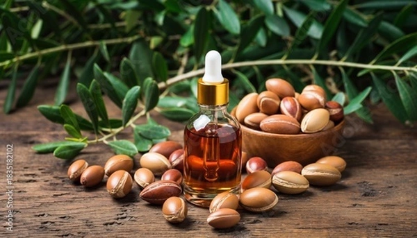 Fototapeta Argan oil bottle and nuts with leaves on wooden table 70 characters argan nuts