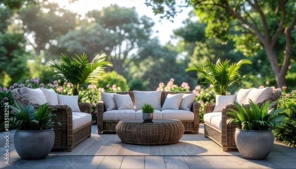 Fototapeta Rattan patio furniture set with plush cushions arranged in a lush garden setting with blooming flowers