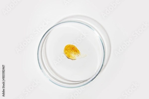 Obraz Petri dish with yellow liquid smear on light background