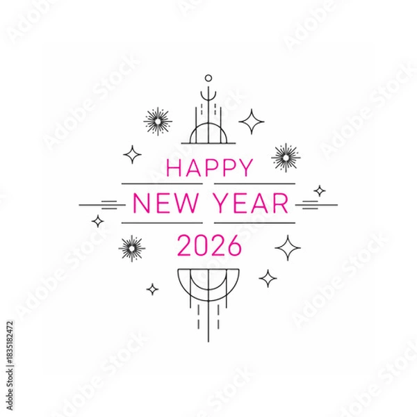 Obraz Happy New Year 2026 Minimalist Art Deco Line Art Greeting Card Design with Sparkles and Modern Typography.