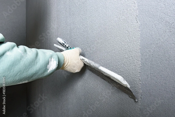 Fototapeta Applying concrete pebble plaster kornik using putty knife.