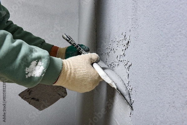 Fototapeta Applying concrete pebble plaster kornik using putty knife.