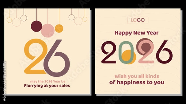 Obraz Elegant minimalist Happy New Year 2026 logo, Greetings Card design Vector template set with numbers in Nevy blue, Marron, white and golden colors lettering with Happy New Year 2026 decorative elements