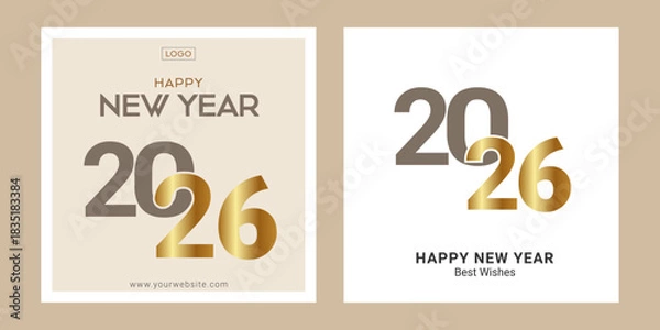 Obraz Elegant minimalist Happy New Year 2026 logo, Greetings Card design Vector template set with numbers in Nevy blue, Marron, white and golden colors lettering with Happy New Year 2026 decorative elements