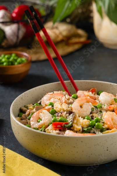 Obraz Fried rice with vegetables and seafood