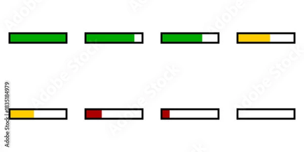 Fototapeta Sprite Sheet of a Draining Health Bar Icon Set with Green, Yellow and Red Steps and Outline for Game UI Animation. Vector Image.