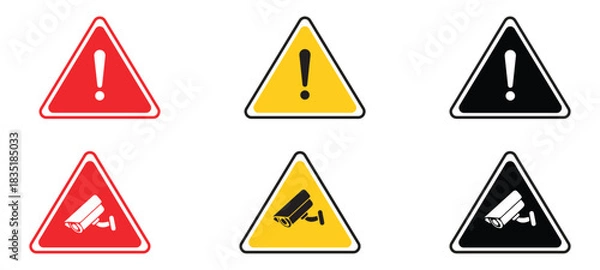 Fototapeta Exclamation point and CC camera icon set. Caution danger and warning sign. CC camera sign for safety, security, privacy, protection concept and Exclamation point warning, attention, risk aria concept.