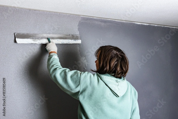 Fototapeta Applying concrete pebble plaster kornik using putty knife.