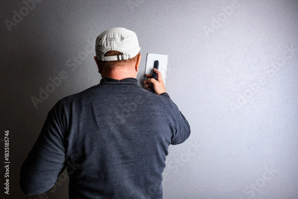 Fototapeta Worker using a float to smooth decorative pebble plaster on a wall.