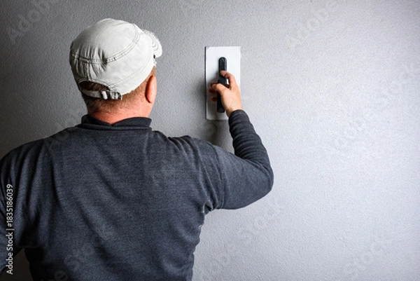 Fototapeta Worker using a float to smooth decorative pebble plaster on a wall.