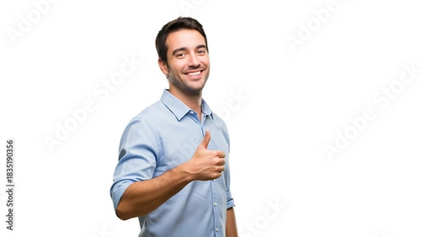 Obraz Smiling man giving thumbs up gesture isolated on transparent background