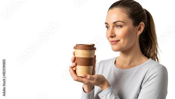 Obraz Woman holding reusable bamboo coffee cup isolated on transparent background