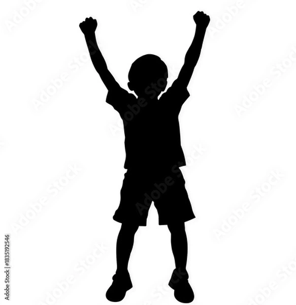 Obraz Black silhouette of happy cheering boy isolated on white or transparent PNG background. Ideal for children, celebration, and joy designs. Premium child illustration for creative design projects.