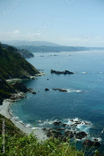 Fototapeta View from a high coastal cliff in Asturias, Northern Spain showing rocky vegetation-covered cliffs, a sandy shoreline, and the ocean stretching to the horizon. A bright summer day with clear cloudless