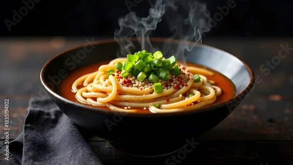 Fototapeta Steaming Bowl of Udon Noodle Soup with Green Onions