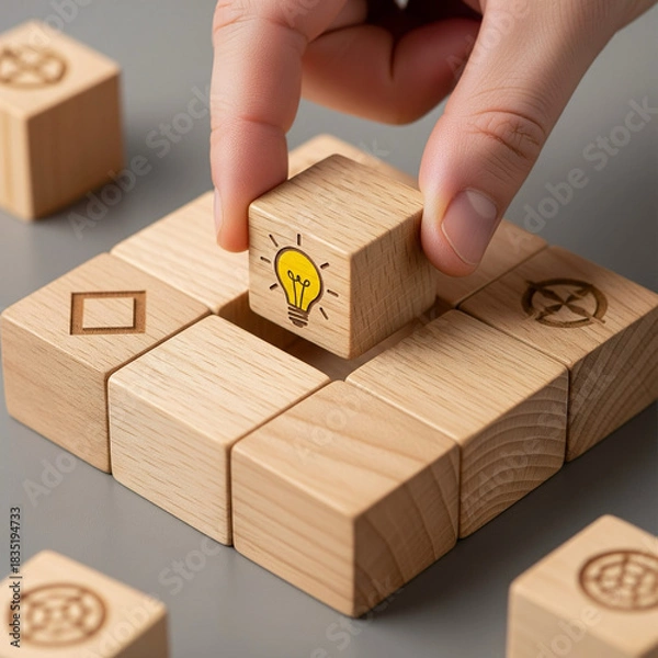 Obraz Hand Placing Idea Lightbulb Wooden Block in Puzzle Grid