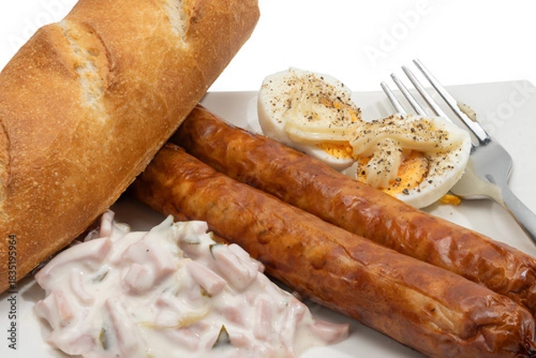 Fototapeta Close-up of fried bratwurst sausages with baguette, egg halves, and creamy salad. Isolated food shot on white plate for advertising, menus, and cookbooks.