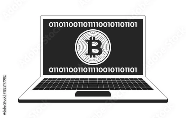 Obraz Bitcoin symbol on laptop screen with binary code 2D line object. Digital currency. Blockchain technology. Cryptocurrency software isolated clipart vector ink outline item. Monochrome spot illustration