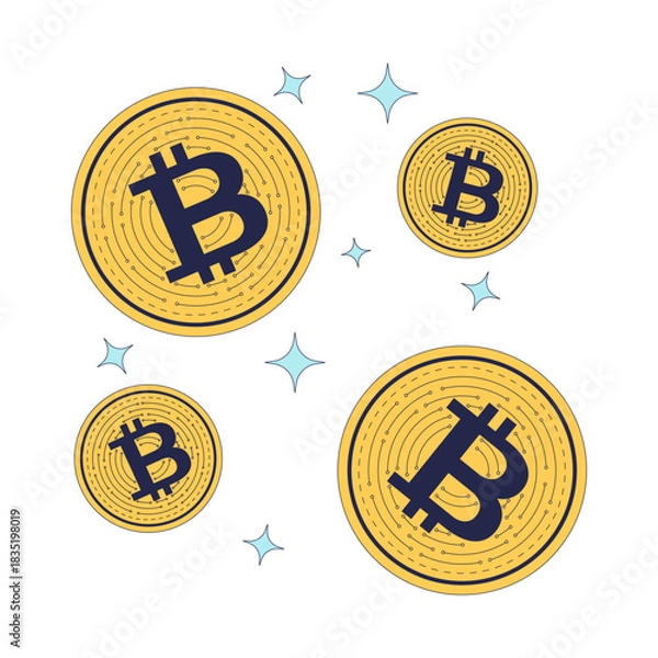 Obraz Floating bitcoin coins with sparkles 2D cartoon object. Crypto digital currency levitating. Virtual money. Cryptocurrency twinkles isolated element flat vector clip art on white. Spot illustration