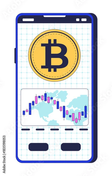 Obraz Bitcoin and trading chart on smartphone screen 2D cartoon object. Mobile phone displaying BTC coin and candlestick over global world isolated element flat vector clip art on white. Spot illustration