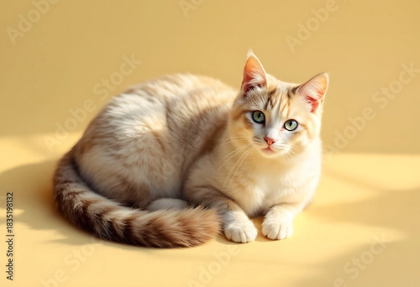 Fototapeta A cat on a pastel yellow background, soft lighting emphasizes the texture, creating an atmosphere of warmth and comfort for well-being and festive decoration.