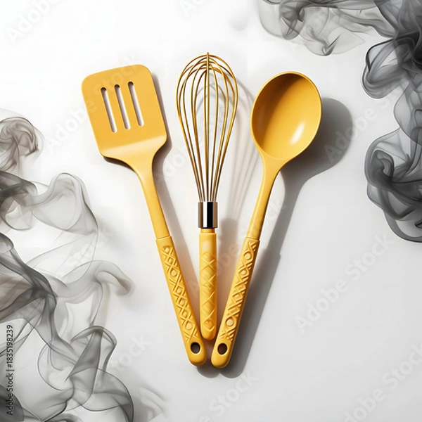Fototapeta Set of butter yellow kitchen utensils — spatula, whisk, and spoon — neatly arranged on white background with warm, inviting colors for modern cooking