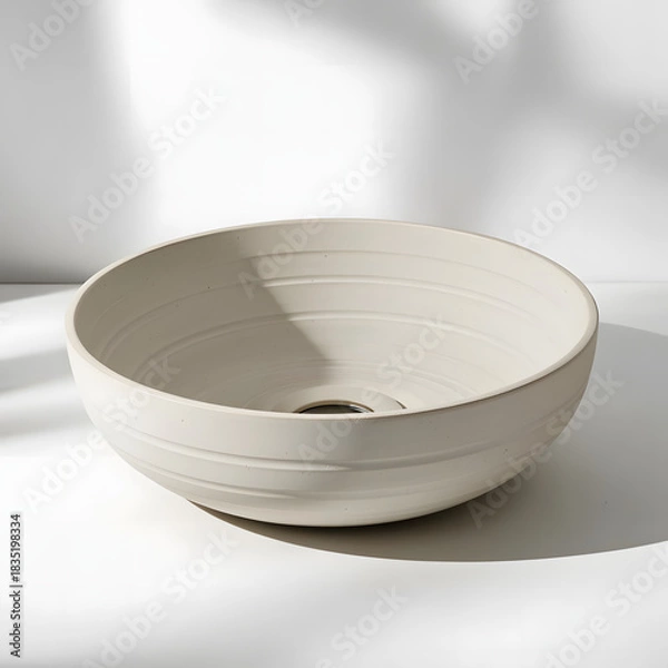 Fototapeta  Macro shot of matte ceramic kitchen bowl with subtle ridges, soft shadows on white background, minimalist style highlighting delicate handcrafted texture.