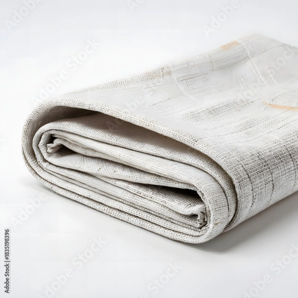 Fototapeta Close-up of neatly folded woven linen table napkin on white background, soft lighting emphasizing natural fabric texture and home textile quality