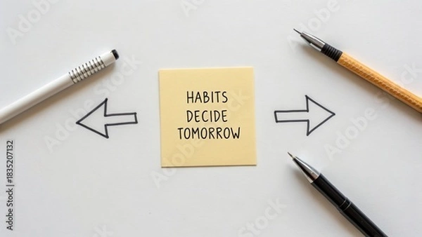 Fototapeta A sticky note with arrows showing habits deciding tomorrow