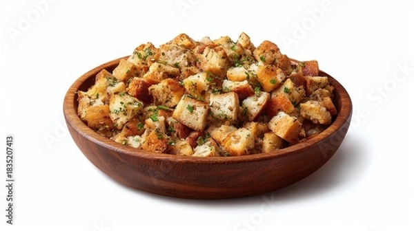 Obraz A scrumptious bowl of seasoned bread cubes is a savory delight. Each cube is lightly toasted, offering a perfect blend of texture and taste. This is a delicious side dish!