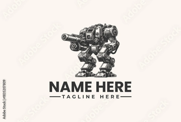 Fototapeta Retro Sci-Fi Mech Robot Logo Vector Illustration. Detailed Bipedal War Machine Design, Futuristic Battle Tech Emblem. AI Controlled Battlebot Art Concept for Gaming or Esports