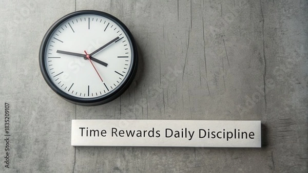 Fototapeta Clock showing time on grey wooden surface with motivational text