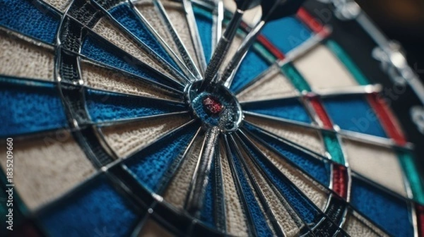 Fototapeta Close up view of darts hitting the target with precision