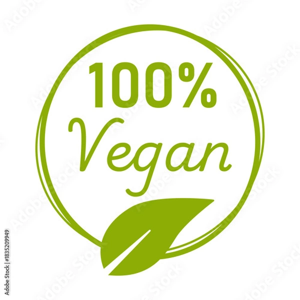 Fototapeta 100 percent Vegan Plant Based Green Round Circle Badge Sticker Stamp Info Label Sign Icon for Product and Package with Leaf Symbol. Vector Image.