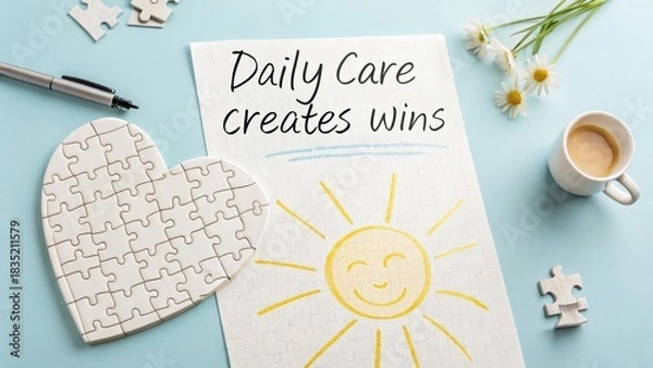 Fototapeta Heart puzzle beside paper with Daily Care message and sun drawing