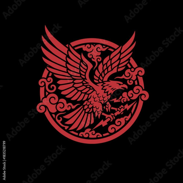 Fototapeta Stylized red eagle with outstretched wings and lightning bolt in a circular emblem against a black background.