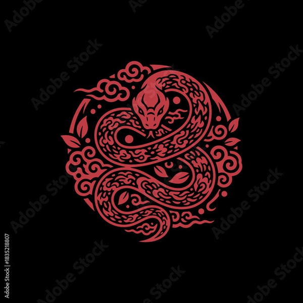 Fototapeta A detailed illustration of a red snake coiled within a circular decorative design.