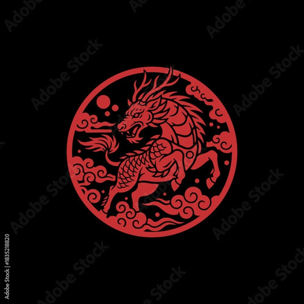 Fototapeta A striking red Chinese dragon emblem set against a stark black background, symbolizing power and tradition.