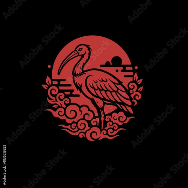 Fototapeta Red ibis bird in traditional Japanese art style with sun and clouds on black background.