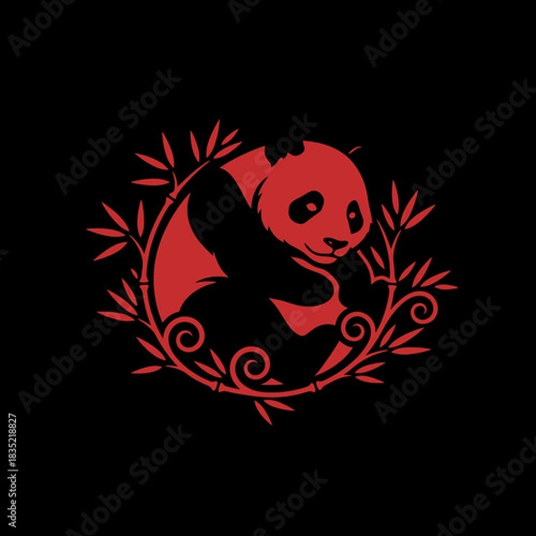 Fototapeta A red panda illustration surrounded by bamboo, set against a black background, a charming design.