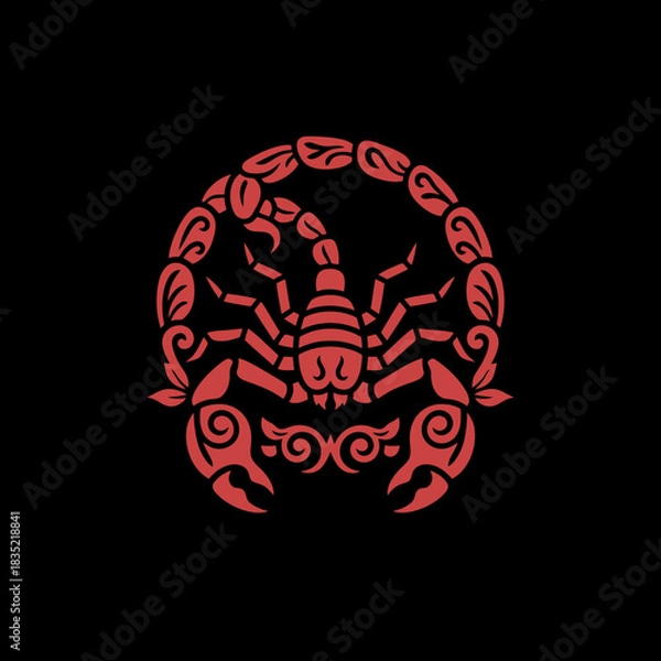 Fototapeta Red scorpion illustration on black background, stylized and symmetrical design.
