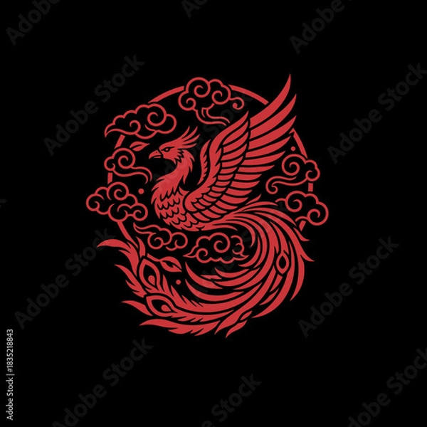 Fototapeta A majestic red Chinese phoenix, or Fenghuang, depicted in a traditional circular emblem with stylized clouds on a black background.