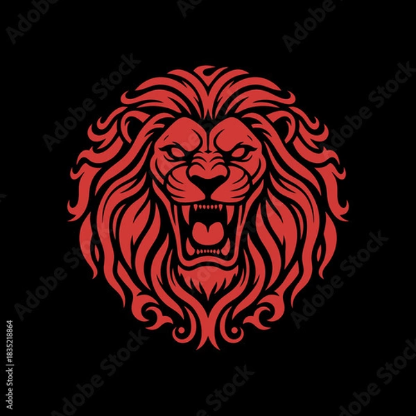 Fototapeta Red lion head with an open mouth on a black background.