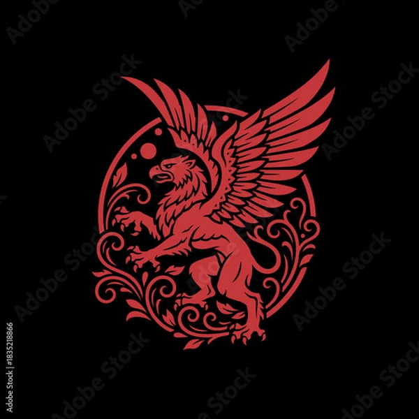 Fototapeta A red heraldic griffin with spread wings inside an ornate circular frame on a black background.