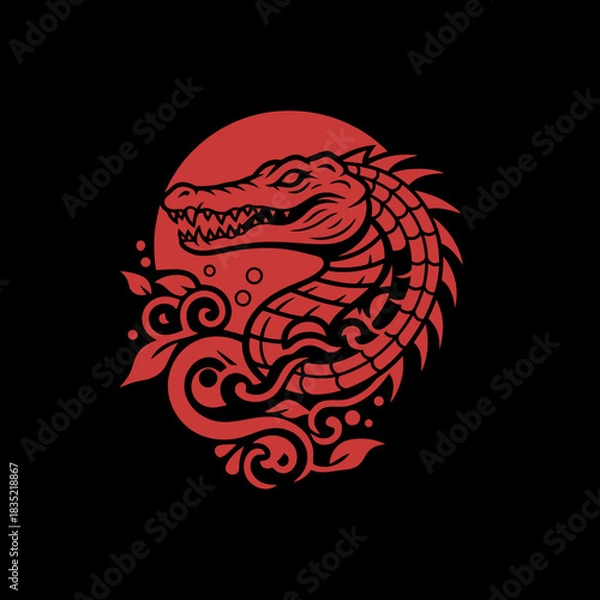 Fototapeta A striking red illustration of a stylized alligator or crocodile emerging from swirling water against a dark background.