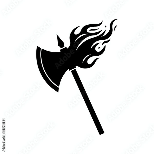 Fototapeta A black silhouette of a flaming battle axe, a powerful medieval weapon icon isolated on a white background.