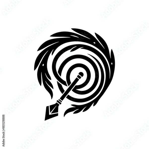Fototapeta Stylized black and white emblem featuring a spear hitting a target surrounded by swirling organic elements.